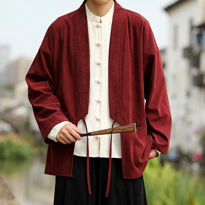 Chaqueta estilo kimono de pana de algodón para hombre, de manga larga, color liso , con bolsillos y abertura frontal. - image 12