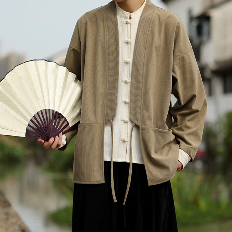 Chaqueta estilo kimono de pana de algodón para hombre, de manga larga, color liso , con bolsillos y abertura frontal. - Broncearse - US/UK/AU46, EU56 (5XL) - image 0