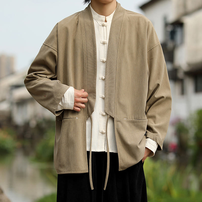 Chaqueta estilo kimono de pana de algodón para hombre, de manga larga, color liso , con bolsillos y abertura frontal. - image 4