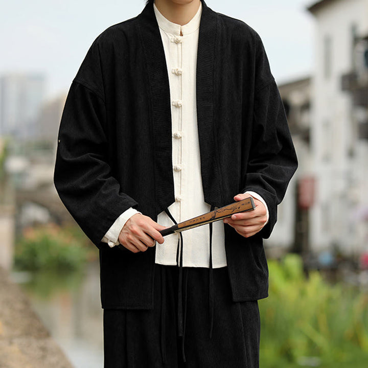 Chaqueta estilo kimono de pana de algodón para hombre, de manga larga, color liso , con bolsillos y abertura frontal. - image 14