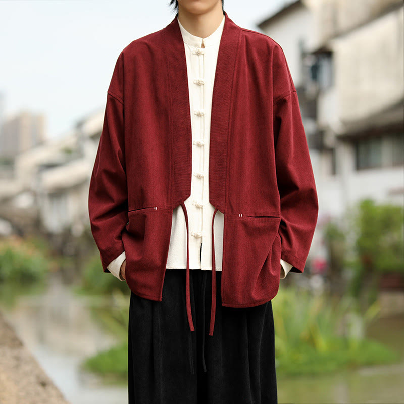 Chaqueta estilo kimono de pana de algodón para hombre, de manga larga, color liso , con bolsillos y abertura frontal. - Ladrillo refractario - US/UK/AU46, EU56 (5XL) - image 7