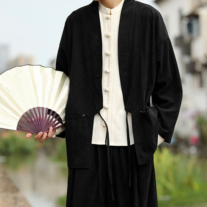 Chaqueta estilo kimono de pana de algodón para hombre, de manga larga, color liso , con bolsillos y abertura frontal. - image 15