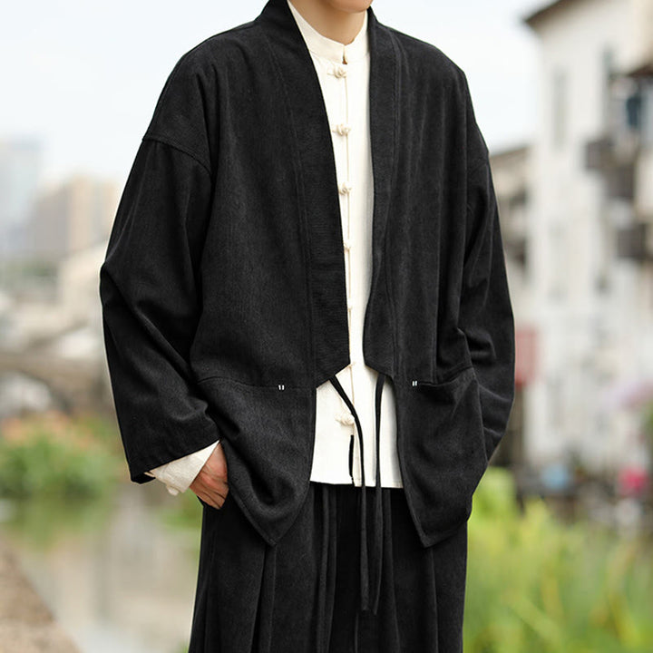 Chaqueta estilo kimono de pana de algodón para hombre, de manga larga, color liso , con bolsillos y abertura frontal. - image 18