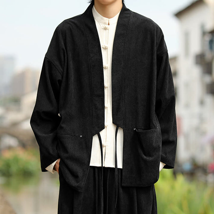 Chaqueta estilo kimono de pana de algodón para hombre, de manga larga, color liso , con bolsillos y abertura frontal. - Negro - US/UK/AU46, EU56 (5XL) - image 13