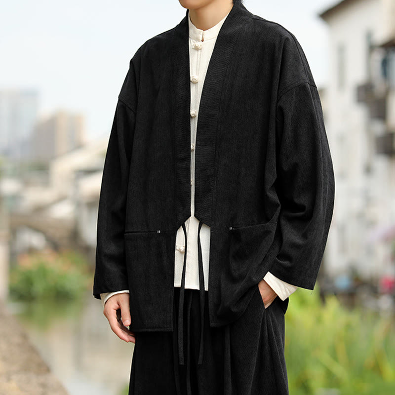 Chaqueta estilo kimono de pana de algodón para hombre, de manga larga, color liso , con bolsillos y abertura frontal. - image 16