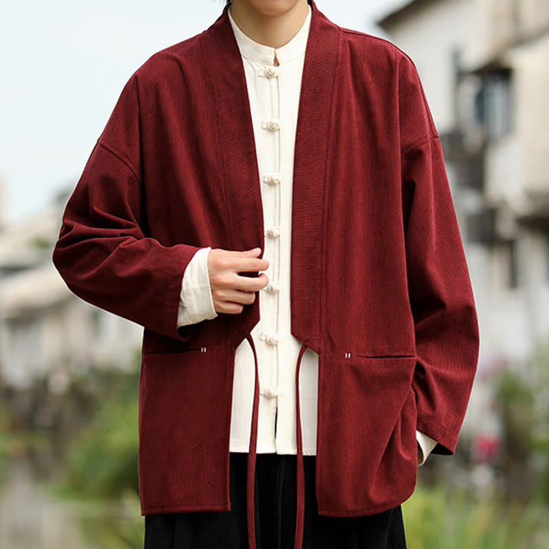 Chaqueta estilo kimono de pana de algodón para hombre, de manga larga, color liso , con bolsillos y abertura frontal. - image 10