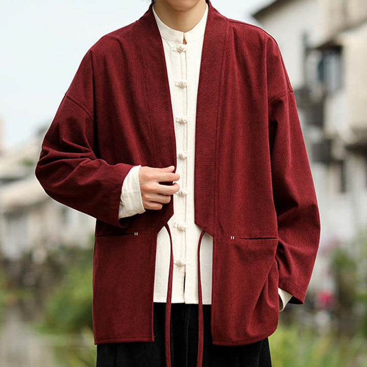Chaqueta estilo kimono de pana de algodón para hombre, de manga larga, color liso , con bolsillos y abertura frontal. - image 10