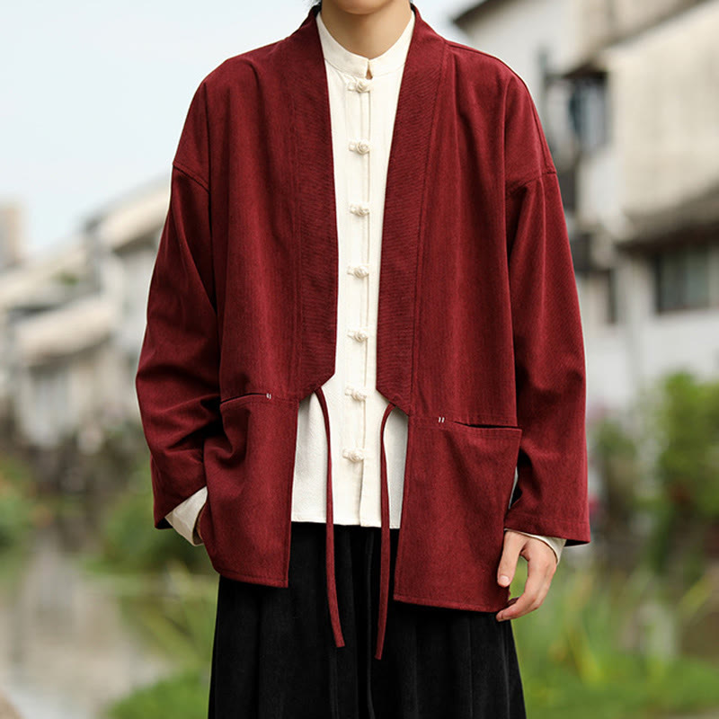 Chaqueta estilo kimono de pana de algodón para hombre, de manga larga, color liso , con bolsillos y abertura frontal. - image 9