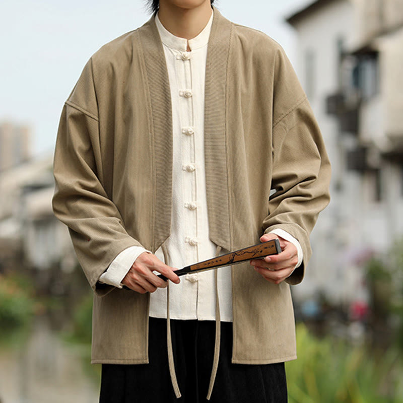 Chaqueta estilo kimono de pana de algodón para hombre, de manga larga, color liso , con bolsillos y abertura frontal. - image 5