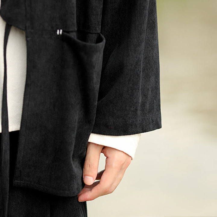 Chaqueta estilo kimono de pana de algodón para hombre, de manga larga, color liso , con bolsillos y abertura frontal. - image 22