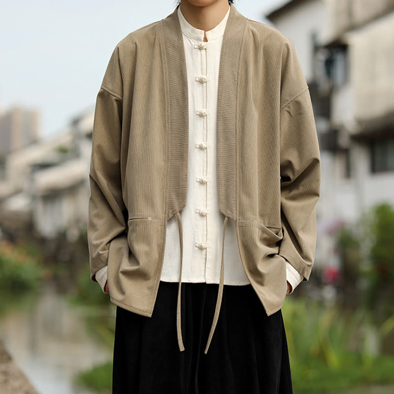 Chaqueta estilo kimono de pana de algodón para hombre, de manga larga, color liso , con bolsillos y abertura frontal. - image 1