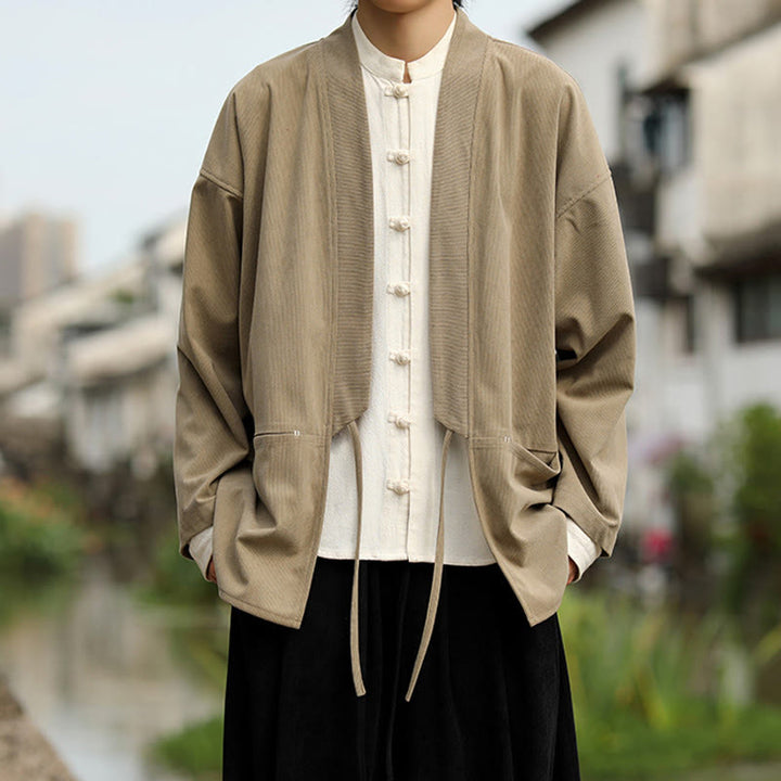 Chaqueta estilo kimono de pana de algodón para hombre, de manga larga, color liso , con bolsillos y abertura frontal. - image 1