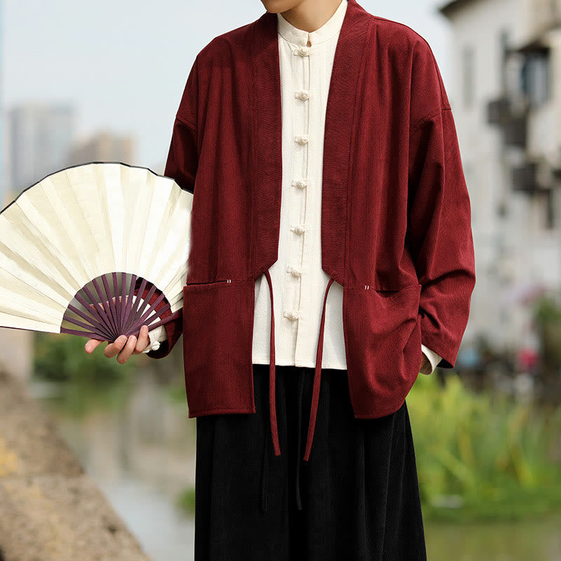 Chaqueta estilo kimono de pana de algodón para hombre, de manga larga, color liso , con bolsillos y abertura frontal. - image 8