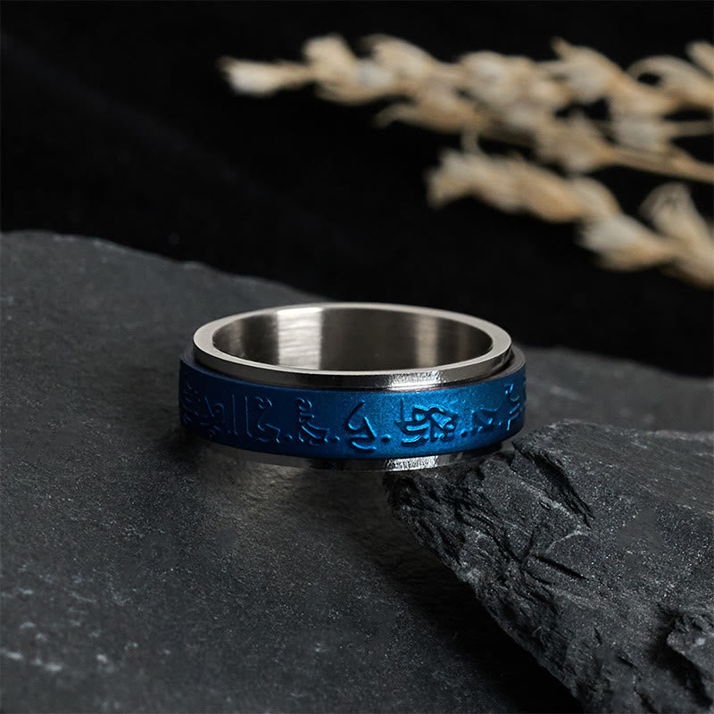 Anillo de equilibrio giratorio de acero y titanio con mantra farmacéutico azul de las Escrituras tibetanas de Buddha Stones - image 1