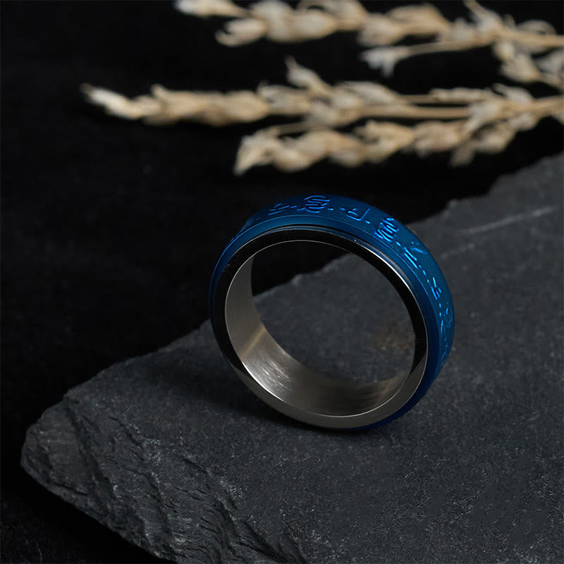 Anillo de equilibrio giratorio de acero y titanio con mantra farmacéutico azul de las Escrituras tibetanas de Buddha Stones - image 2