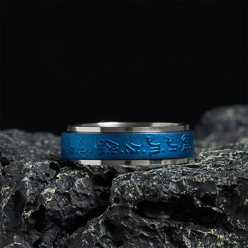 Anillo de equilibrio giratorio de acero y titanio con mantra farmacéutico azul de las Escrituras tibetanas de Buddha Stones - 70-73 mm - image 0