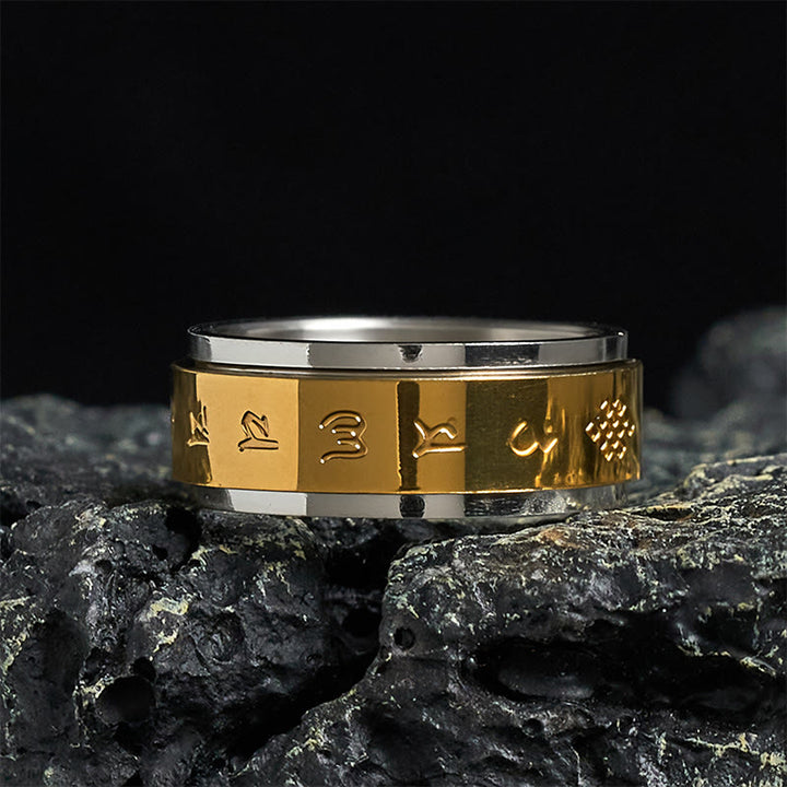 Anillo de la paz giratorio de acero y titanio con escrituras tibetanas Om Mani Padme Hum y Buddha Stones - 70-73 mm - image 0