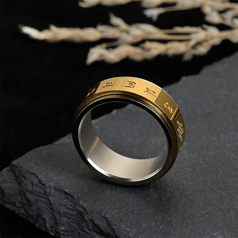 Anillo de la paz giratorio de acero y titanio con escrituras tibetanas Om Mani Padme Hum y Buddha Stones - image 1