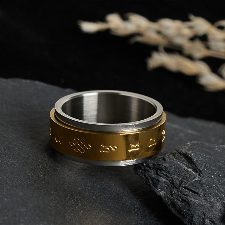 Anillo de la paz giratorio de acero y titanio con escrituras tibetanas Om Mani Padme Hum y Buddha Stones - image 2
