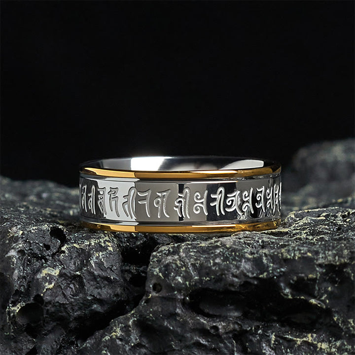 Anillo de equilibrio giratorio de acero y titanio con escrituras tibetanas, mantra Shurangama y Buddha Stones - 70-73 mm - image 0