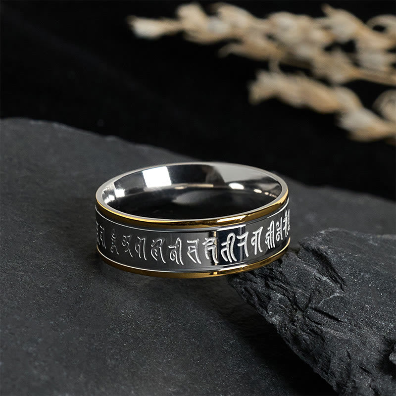 Anillo de equilibrio giratorio de acero y titanio con escrituras tibetanas, mantra Shurangama y Buddha Stones - image 1