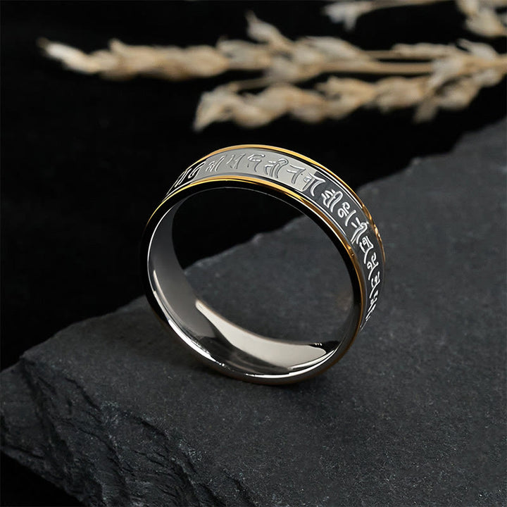 Anillo de equilibrio giratorio de acero y titanio con escrituras tibetanas, mantra Shurangama y Buddha Stones - image 2