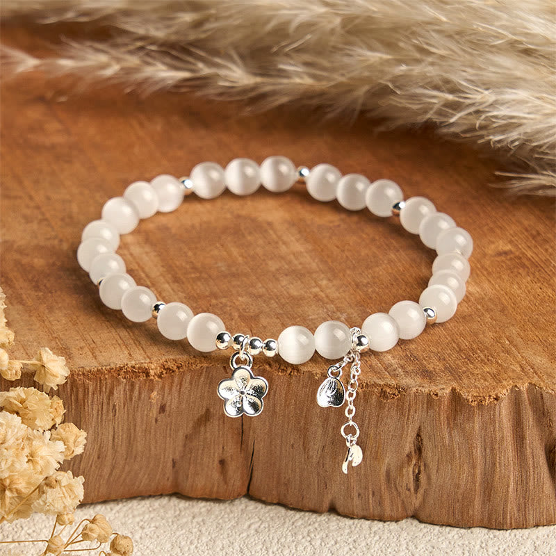 Pulsera de la paz con ojo de gato y flor de cerezo natural de Buddha Stones - Ojo de gato blanco (circunferencia de la muñeca: 15-17 cm) - image 0