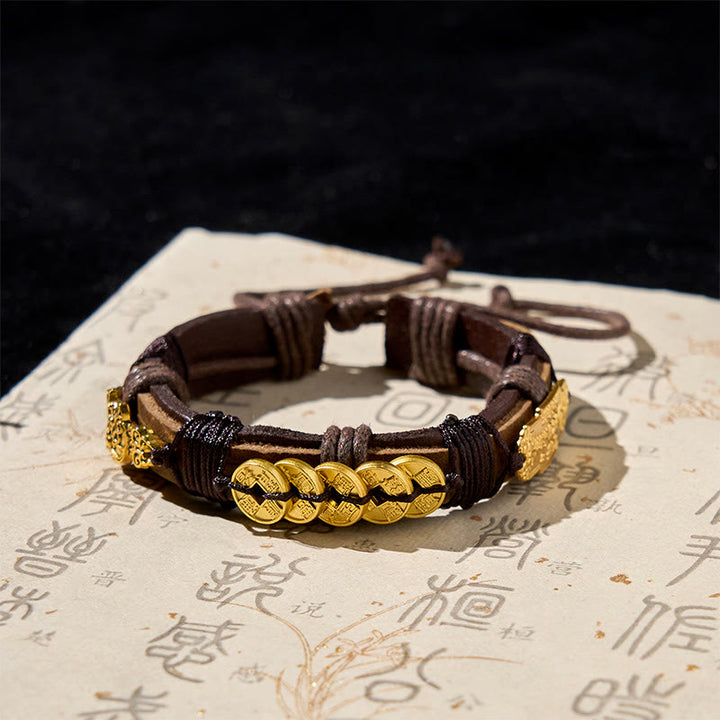 Pulsera de cuerda de cuero con Buddha Stones y monedas de los cinco emperadores Pi Xiu  - Monedas de los Cinco Emperadores y PiXiu (circunferencia de la muñeca: 15-19 cm) - image 0