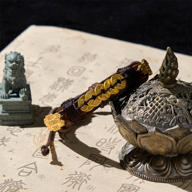 Pulsera de cuerda de cuero con Buddha Stones y monedas de los cinco emperadores Pi Xiu  - image 1