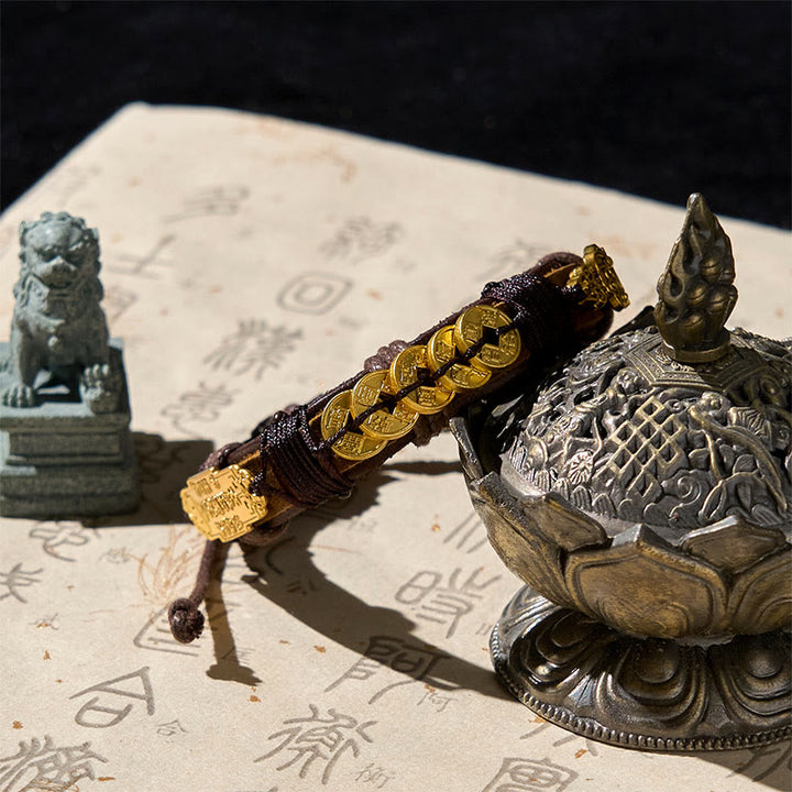 Pulsera de cuerda de cuero con Buddha Stones y monedas de los cinco emperadores Pi Xiu  - image 1