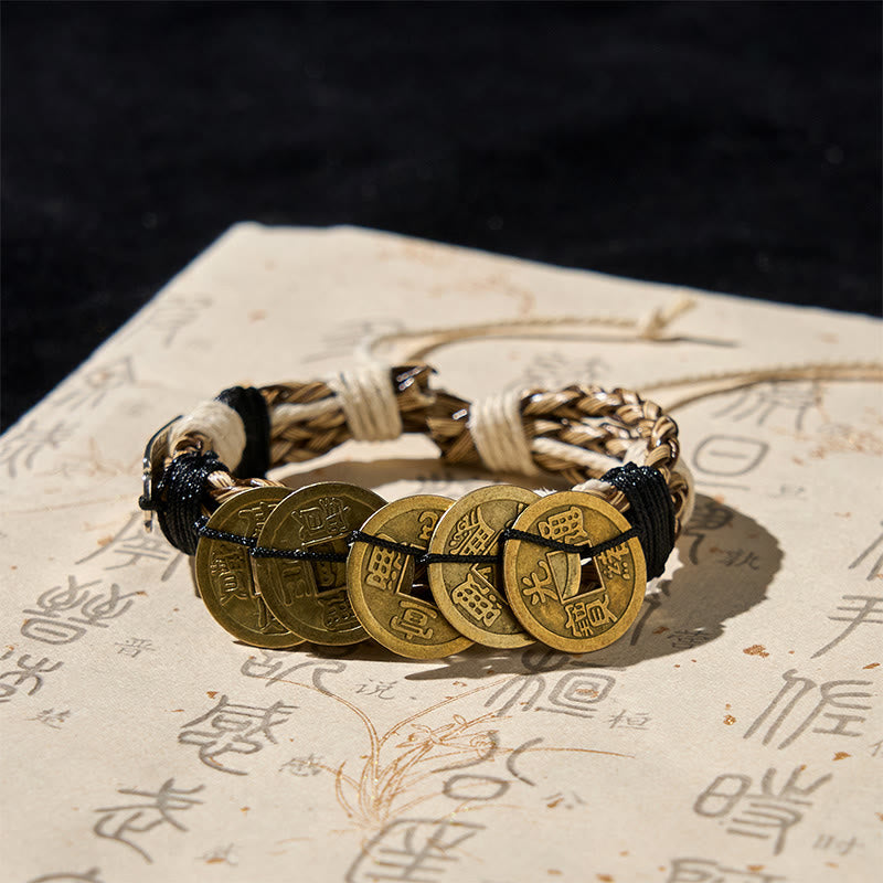 Pulsera de cuerda protectora con amuleto de las cinco monedas imperiales y Buddha Stones  - Monedas de los Cinco Emperadores (circunferencia de la muñeca: 15-19 cm) - image 0