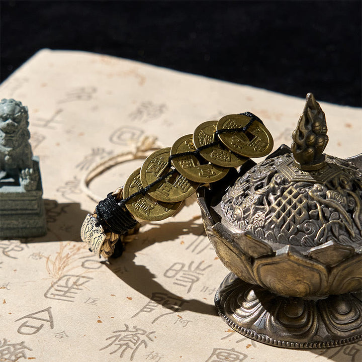 Pulsera de cuerda protectora con amuleto de las cinco monedas imperiales y Buddha Stones  - image 2