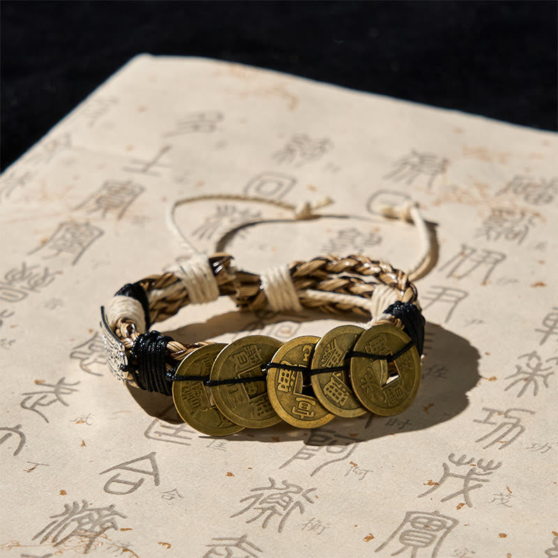 Pulsera de cuerda protectora con amuleto de las cinco monedas imperiales y Buddha Stones  - image 1