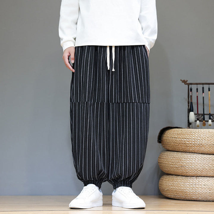 Pantalones de pana estilo harén para hombre con cordón y bolsillos, estampado de rayas otoñales y Buddha Stones - image 1