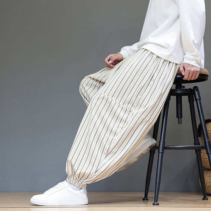 Pantalones de pana estilo harén para hombre con cordón y bolsillos, estampado de rayas otoñales y Buddha Stones - image 32