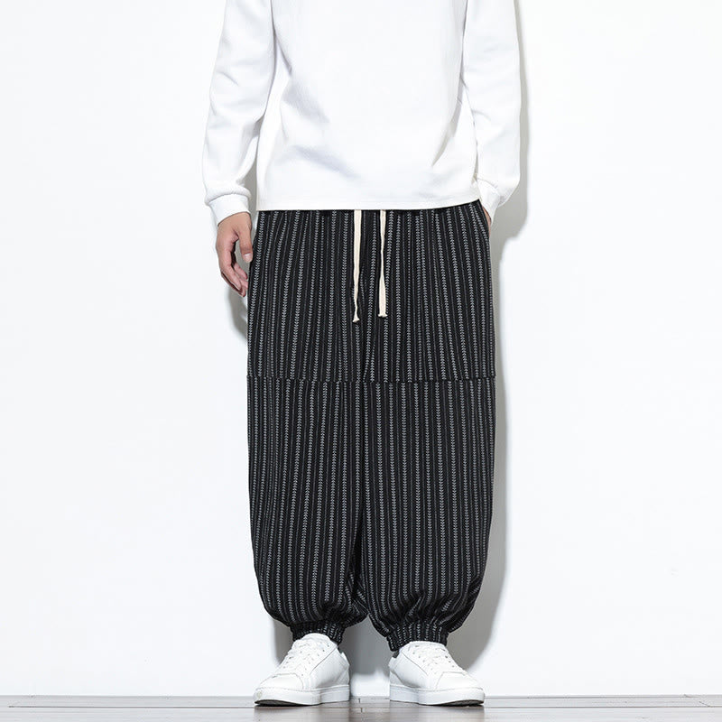Pantalones de pana estilo harén para hombre con cordón y bolsillos, estampado de rayas otoñales y Buddha Stones - Negro - US/UK/AU46, EU56 (5XL) - image 8