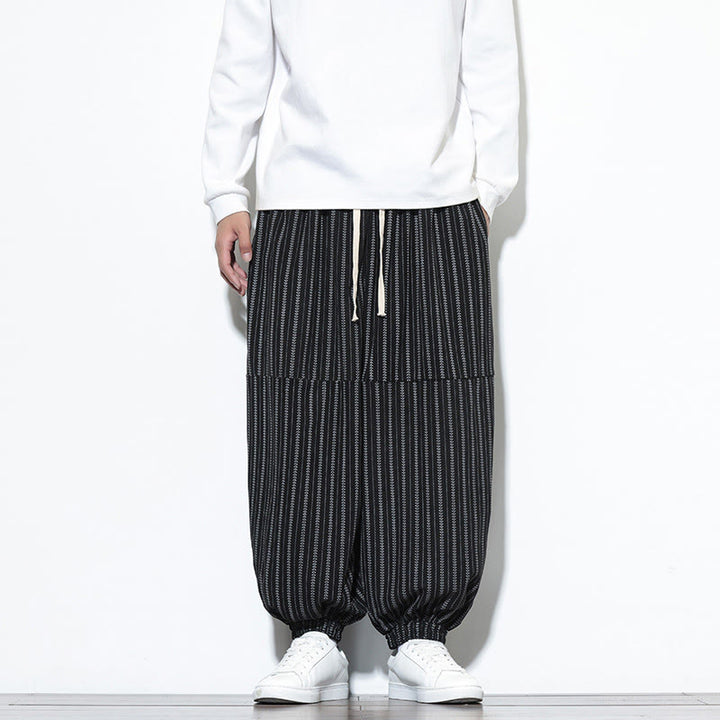 Pantalones de pana estilo harén para hombre con cordón y bolsillos, estampado de rayas otoñales y Buddha Stones - Negro - US/UK/AU46, EU56 (5XL) - image 8