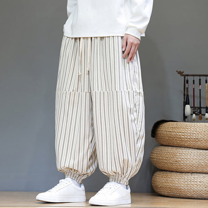 Pantalones de pana estilo harén para hombre con cordón y bolsillos, estampado de rayas otoñales y Buddha Stones - image 30