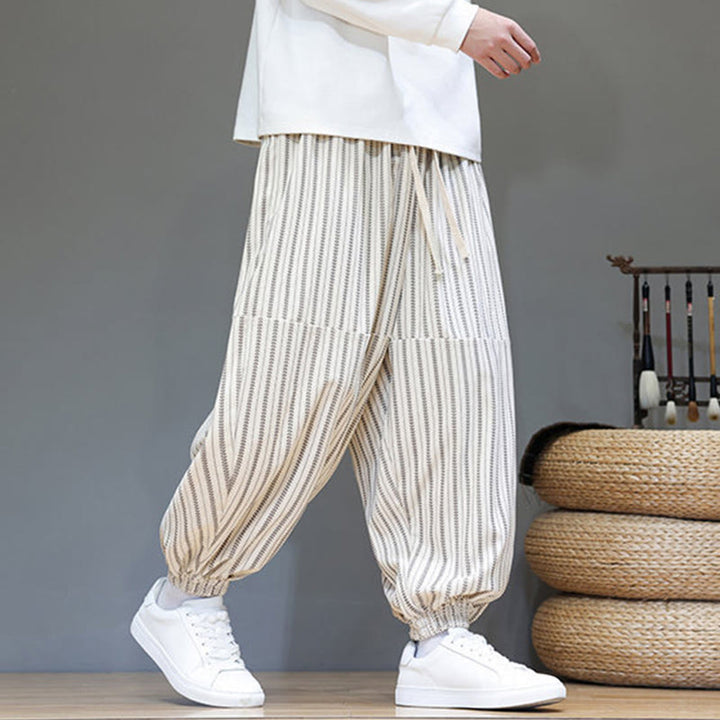 Pantalones de pana estilo harén para hombre con cordón y bolsillos, estampado de rayas otoñales y Buddha Stones - image 27