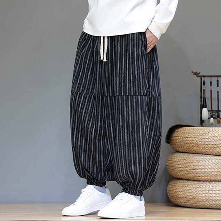 Pantalones de pana estilo harén para hombre con cordón y bolsillos, estampado de rayas otoñales y Buddha Stones - image 5