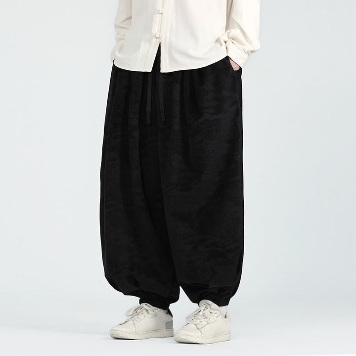 Pantalones harén con cordón y bolsillos para hombre, diseño jacquard liso con estampado de Buddha Stones y caída - Negro - US/UK/AU46, EU56 (5XL) - image 8