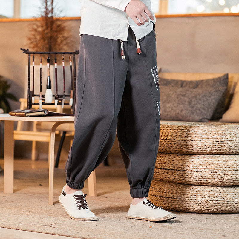 Pantalones de algodón para hombre con bolsillos y bordados de Buddha Stones y caracteres chinos - image 4
