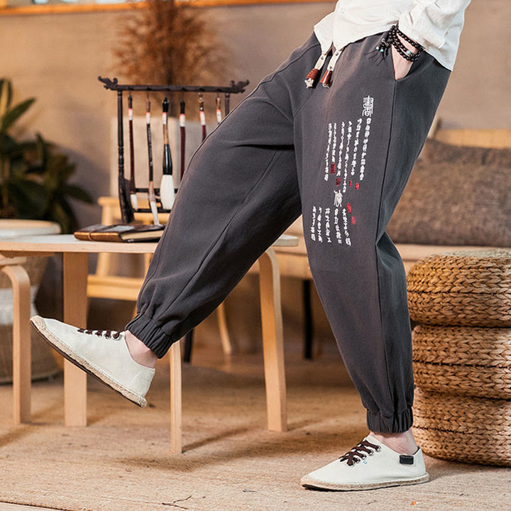Pantalones de algodón para hombre con bolsillos y bordados de Buddha Stones y caracteres chinos - image 7