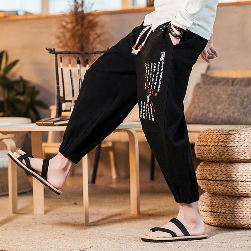 Pantalones de algodón para hombre con bolsillos y bordados de Buddha Stones y caracteres chinos - image 16