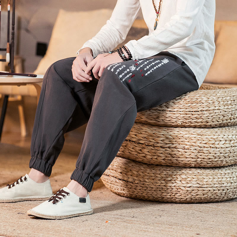 Pantalones de algodón para hombre con bolsillos y bordados de Buddha Stones y caracteres chinos - image 8