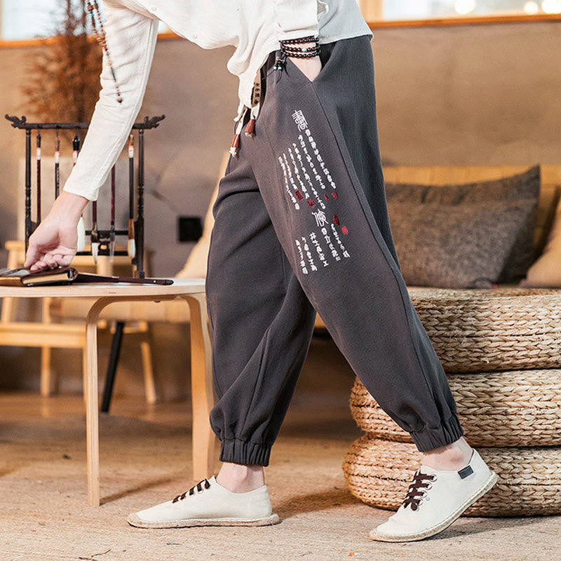 Pantalones de algodón para hombre con bolsillos y bordados de Buddha Stones y caracteres chinos - image 6