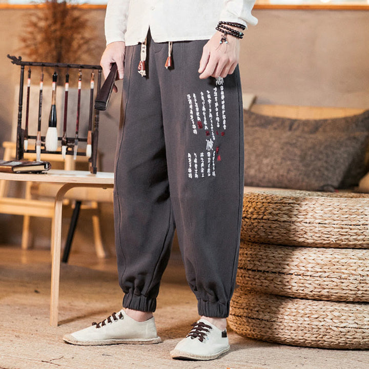 Pantalones de algodón para hombre con bolsillos y bordados de Buddha Stones y caracteres chinos - image 2