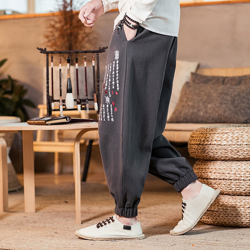 Pantalones de algodón para hombre con bolsillos y bordados de Buddha Stones y caracteres chinos - image 5
