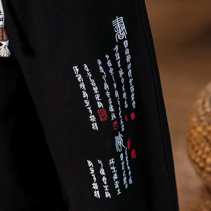 Pantalones de algodón para hombre con bolsillos y bordados de Buddha Stones y caracteres chinos - image 18