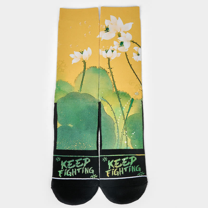 Calcetines unisex con Buddha Stones, diseño informal, color beige, con flores de loto y hojas, para hombre y mujer - image 1